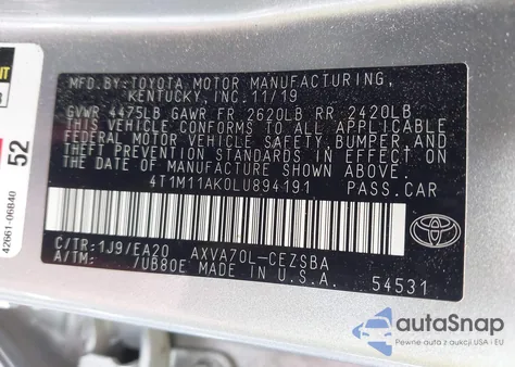 2020 Toyota Camry Se from USA, damaged, VIN 4T1M11AK0LU894191